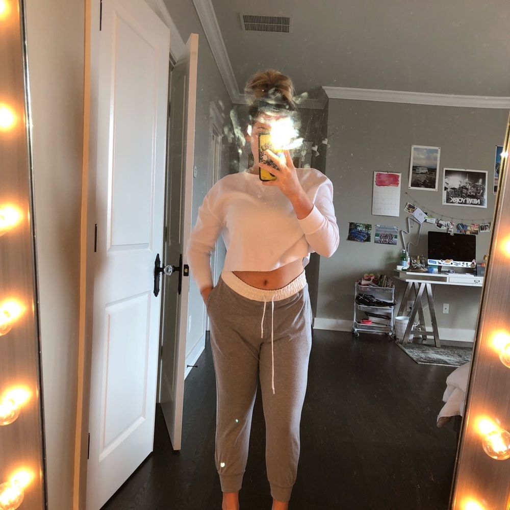 grey and white sweatpants